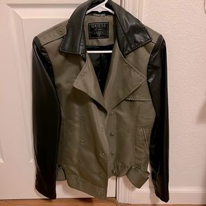 Guess. Olive body and faux leather sleeved jacket